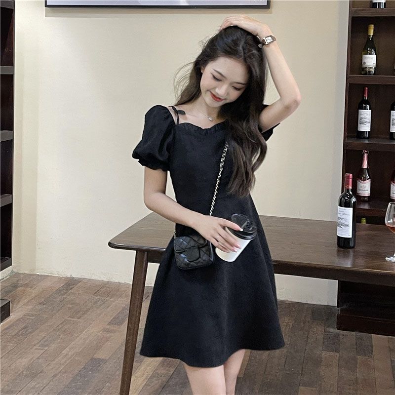 Square Neck Puff Sleeve A-Line Midi Dress in Black