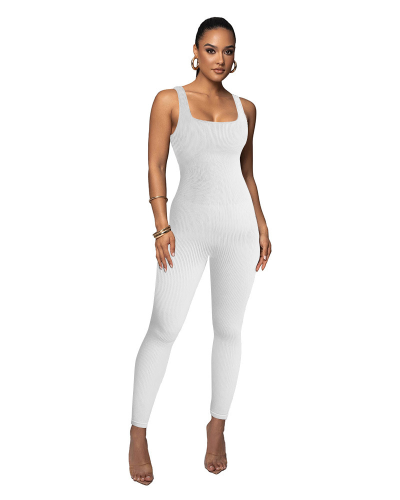 Sexy Sleeveless Square Neck Ribbed Yoga Bodysuit Tummy Control Butt Lifting