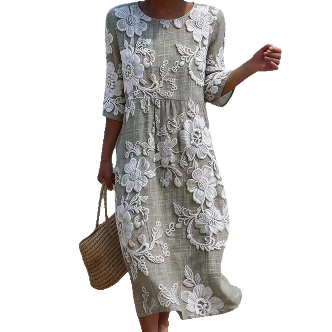 Women's Vintage Floral Print Pleated Midi Dress