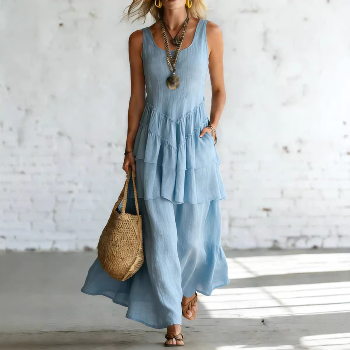 Women's Sleeveless Cotton Linen Dress with Flared Skirt