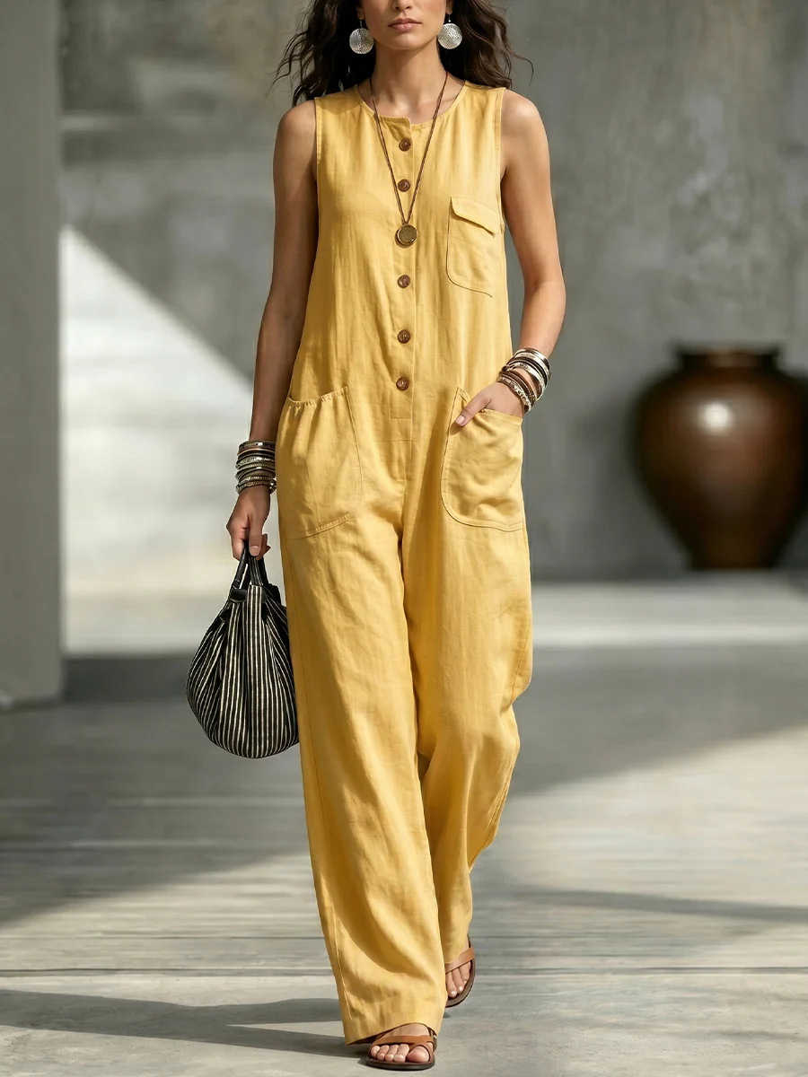 Sleeveless Wide-Leg Jumpsuit with Pockets Casual