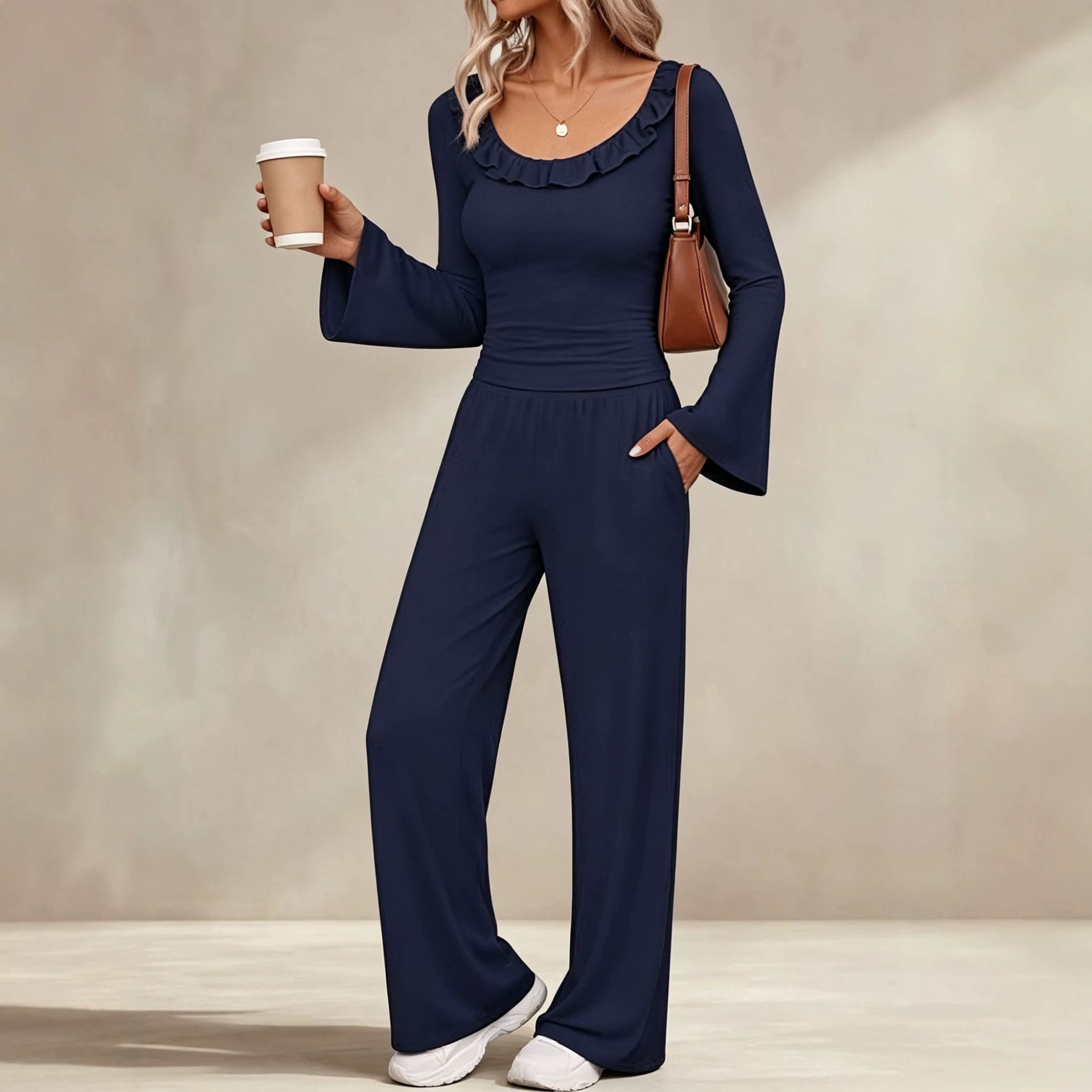 Women's Waist-Cinching Wide-Leg Pants Two-Piece Set