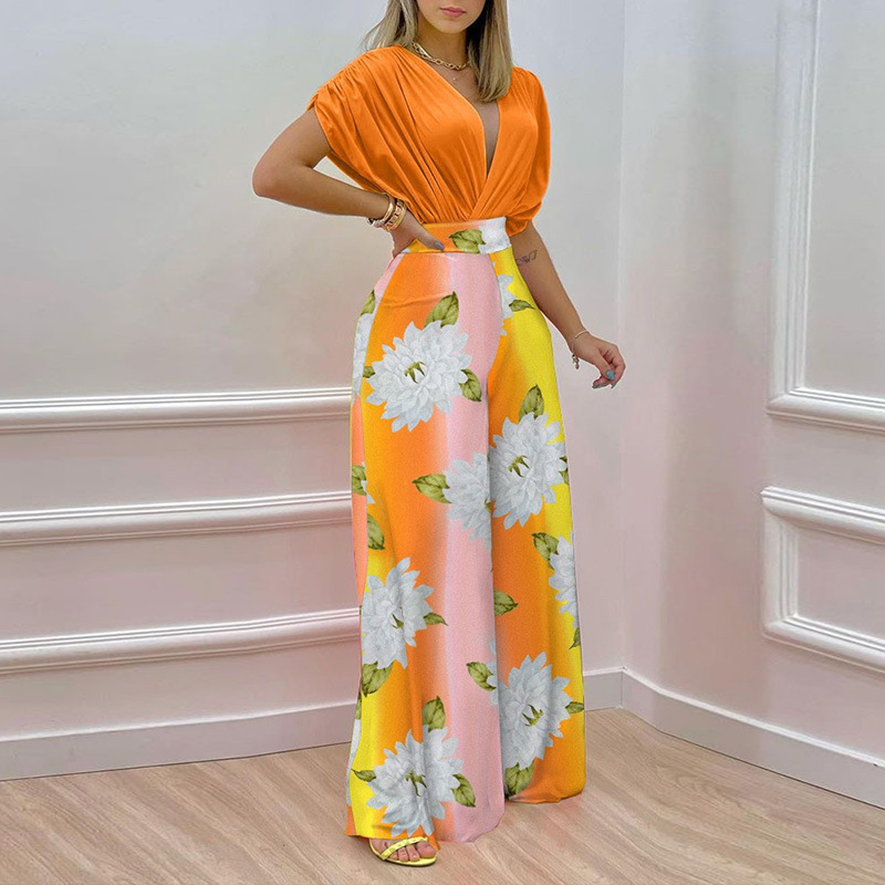 Floral Print Batwing Sleeve Short Sleeve Top and Pants Set