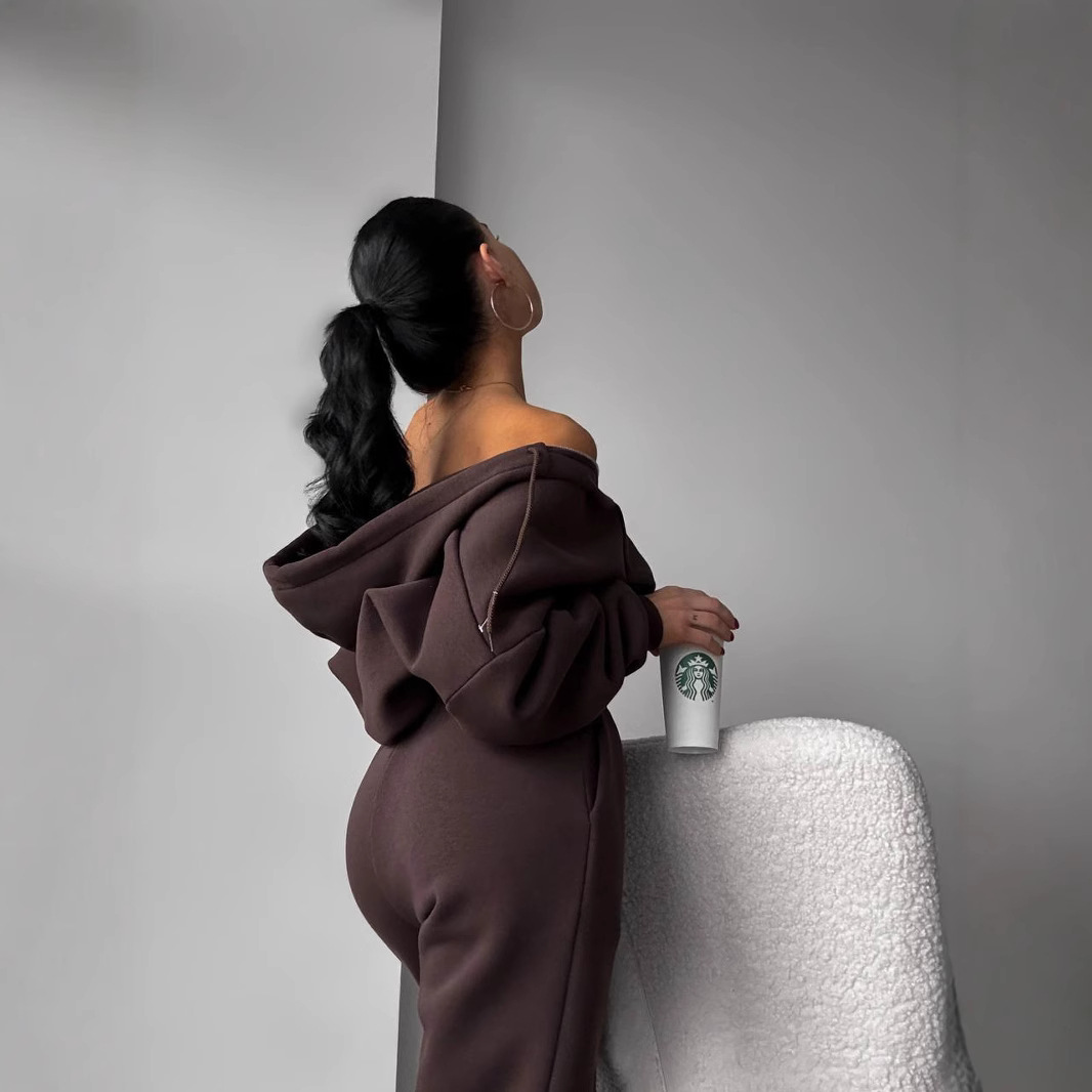 Women's Solid Color Hooded Long Sleeve Jogger Two-Piece Tracksuit