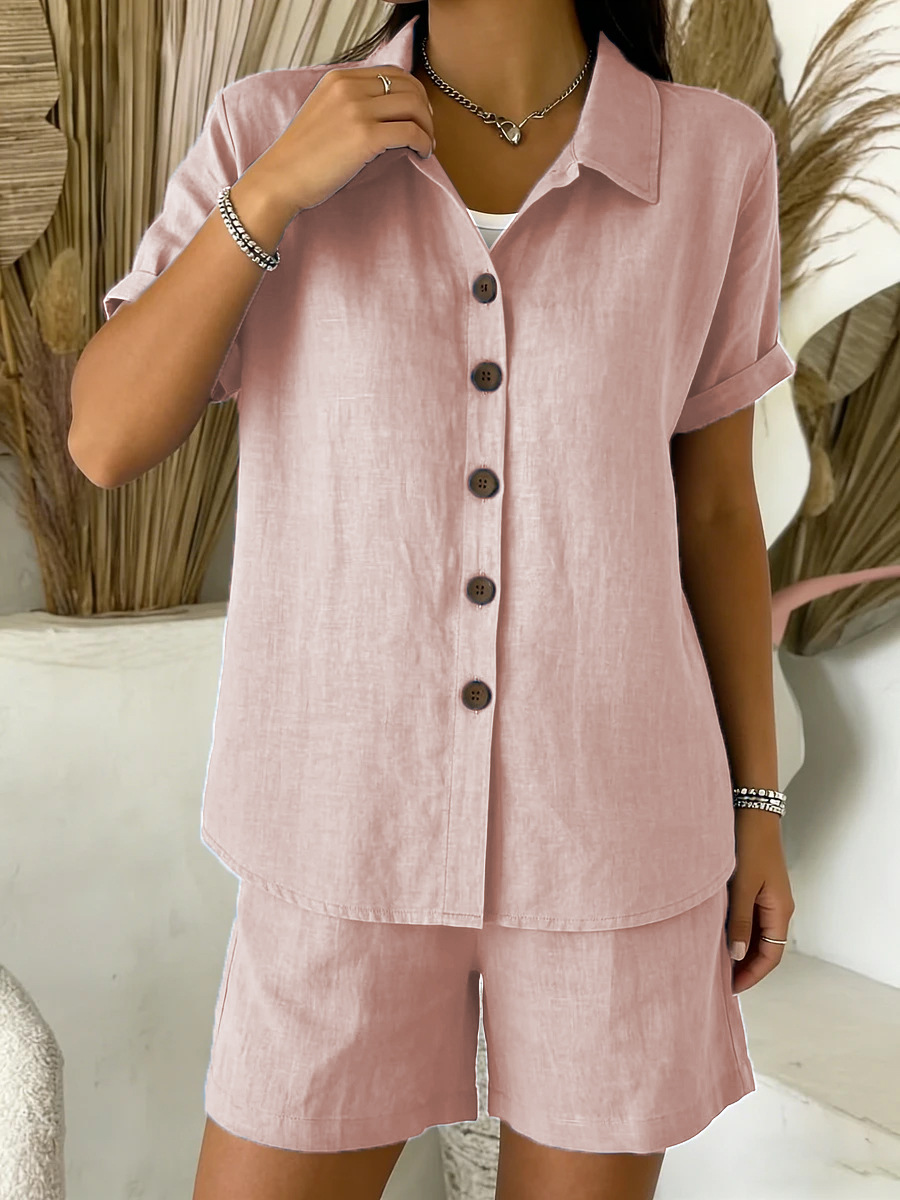 Women's Casual Button Cotton-Linen Short-Sleeve Shirt Set