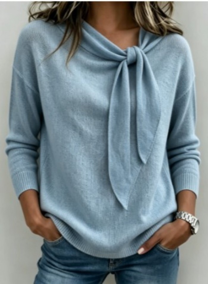 Bow Knit Sweater for Women Solid Color Round Neck Pullover