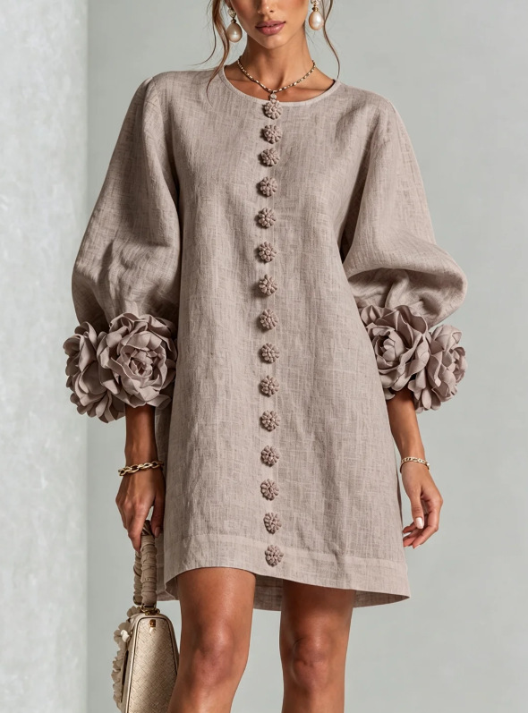 French-Style 3D Floral Lantern-Sleeve Solid Dress with Round Neck and Button Front