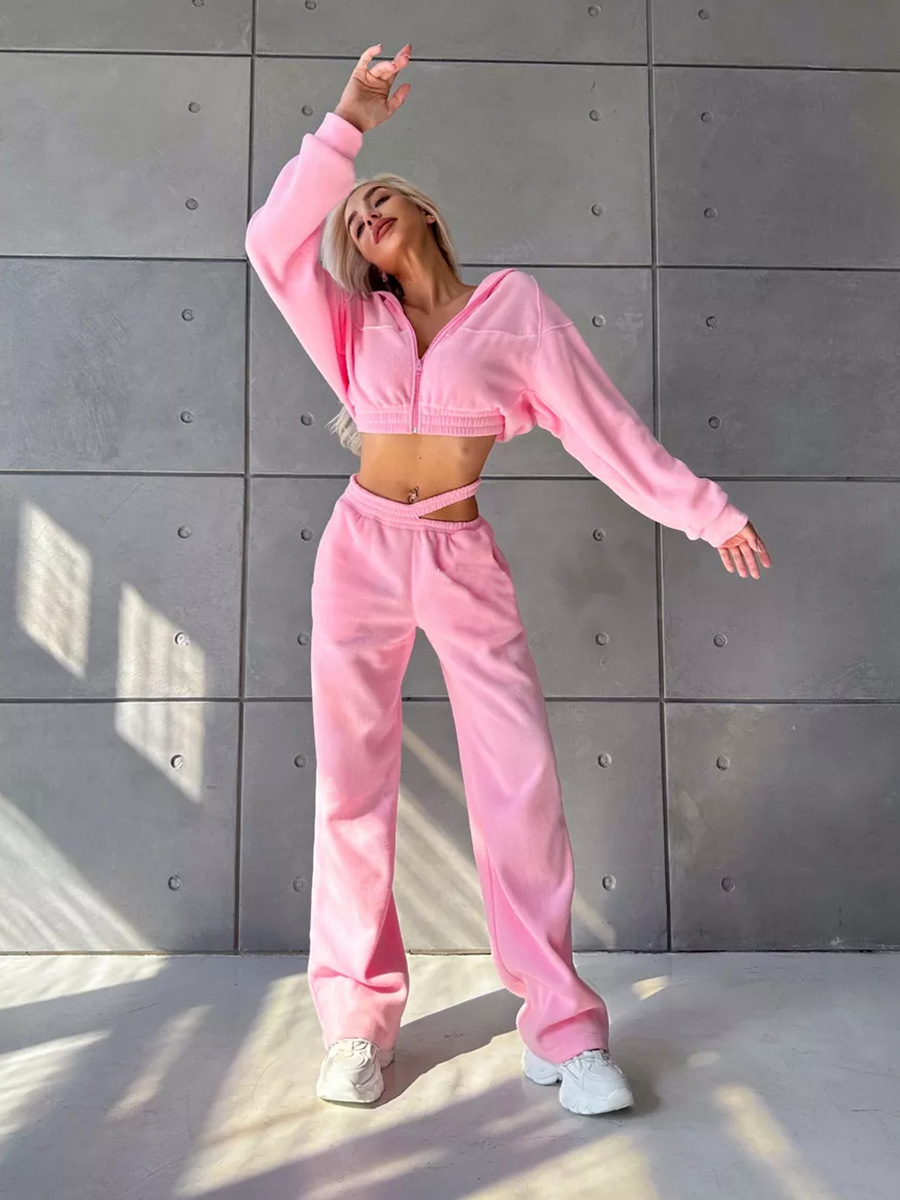 Women's Casual Two-Piece Set Solid Color Long Sleeve Zip Fleece Hoodie & Double-Waist Pants