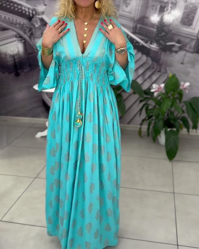 Women's Floral Print V-Neck Drawstring Waist Maxi Dress