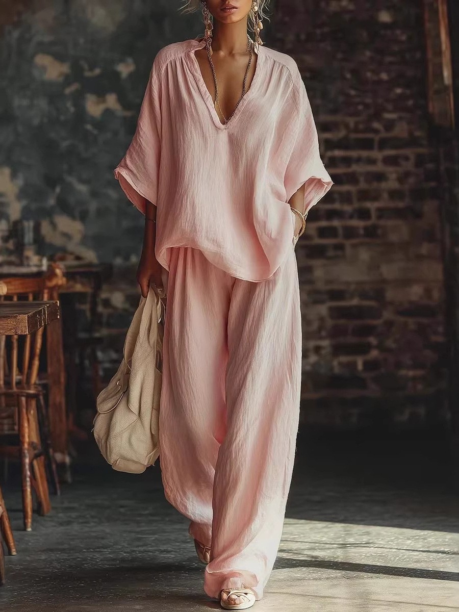 Women's Casual Solid V-Neck Short-Sleeve Top & Pants Two-Piece Set