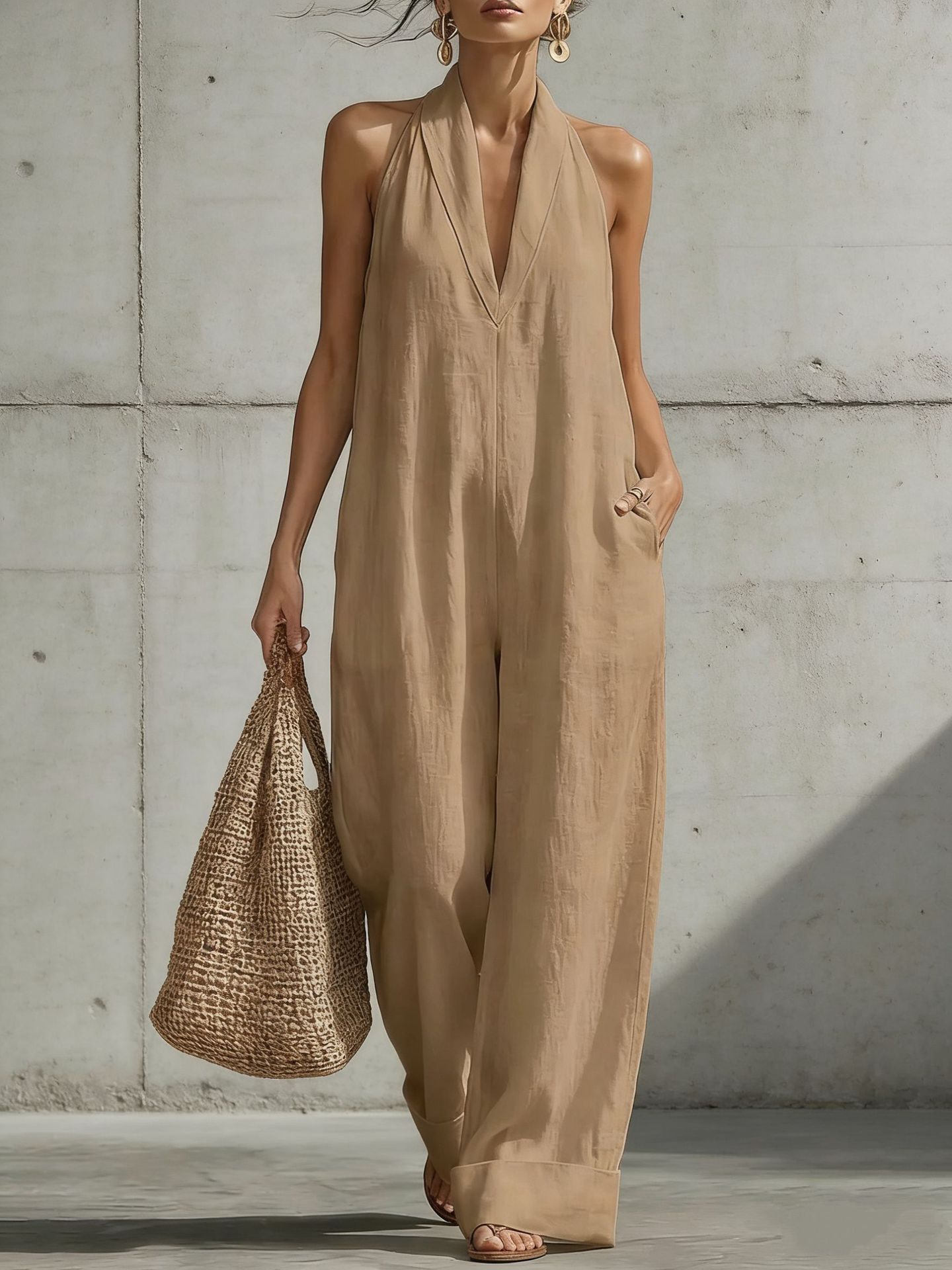 Cotton Linen Sleeveless Wide-Leg Jumpsuit Women Casual Minimalist