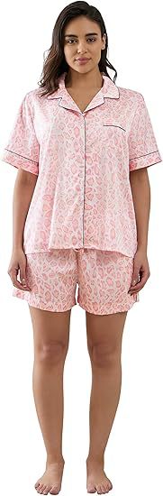 Women's Cuban Collar Satin Striped Print Short Sleeve Shirt Set