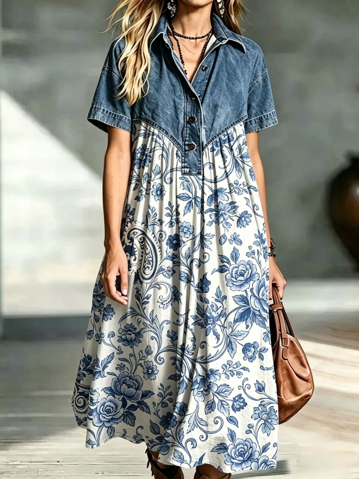 Retro Denim Patchwork Print Loose Casual Dress