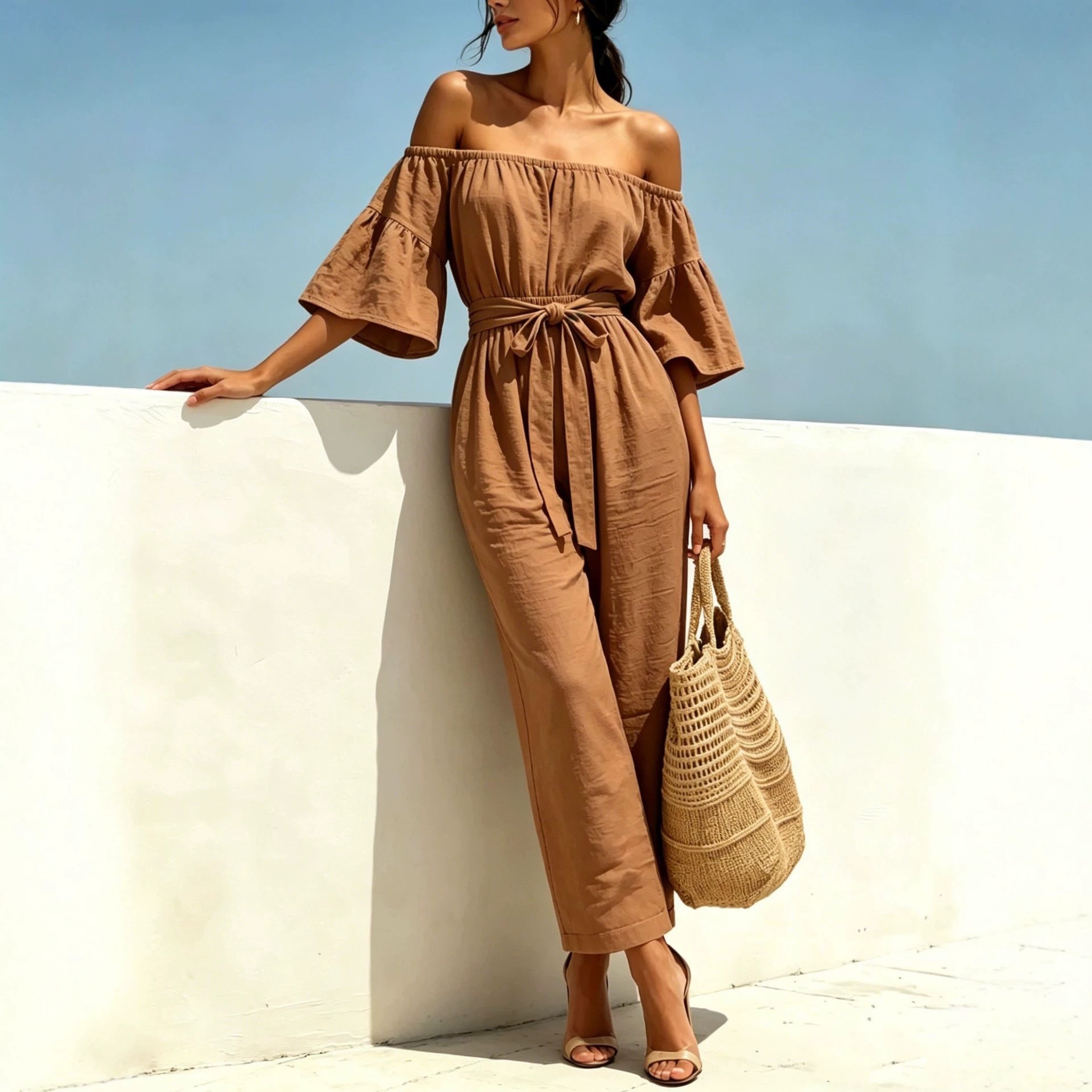 Women's Off-Shoulder Ruffle Wide-Leg Jumpsuit with Tie Belt