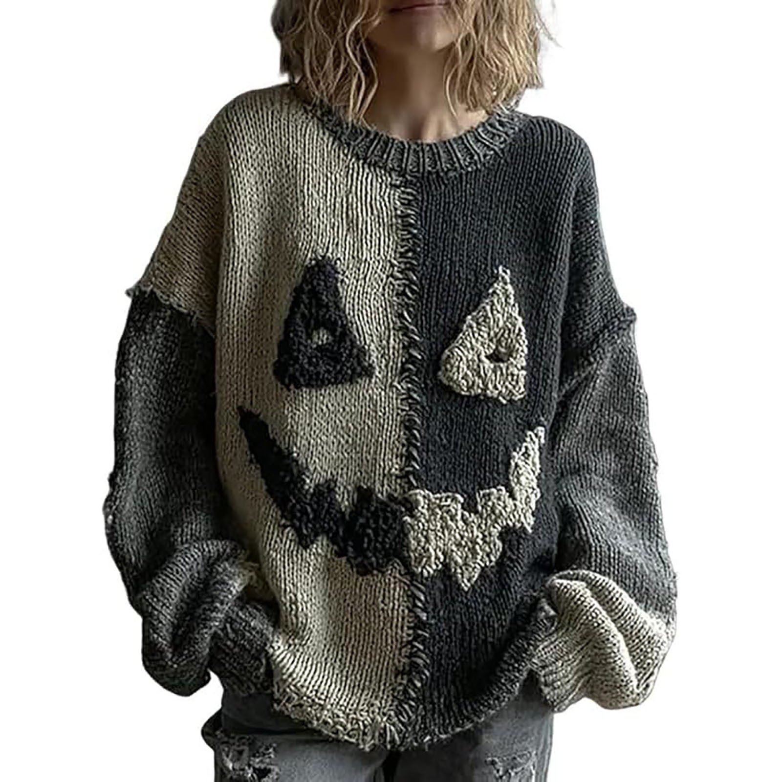 Women's Evil Smiley Cat Print Crewneck Sweatshirt