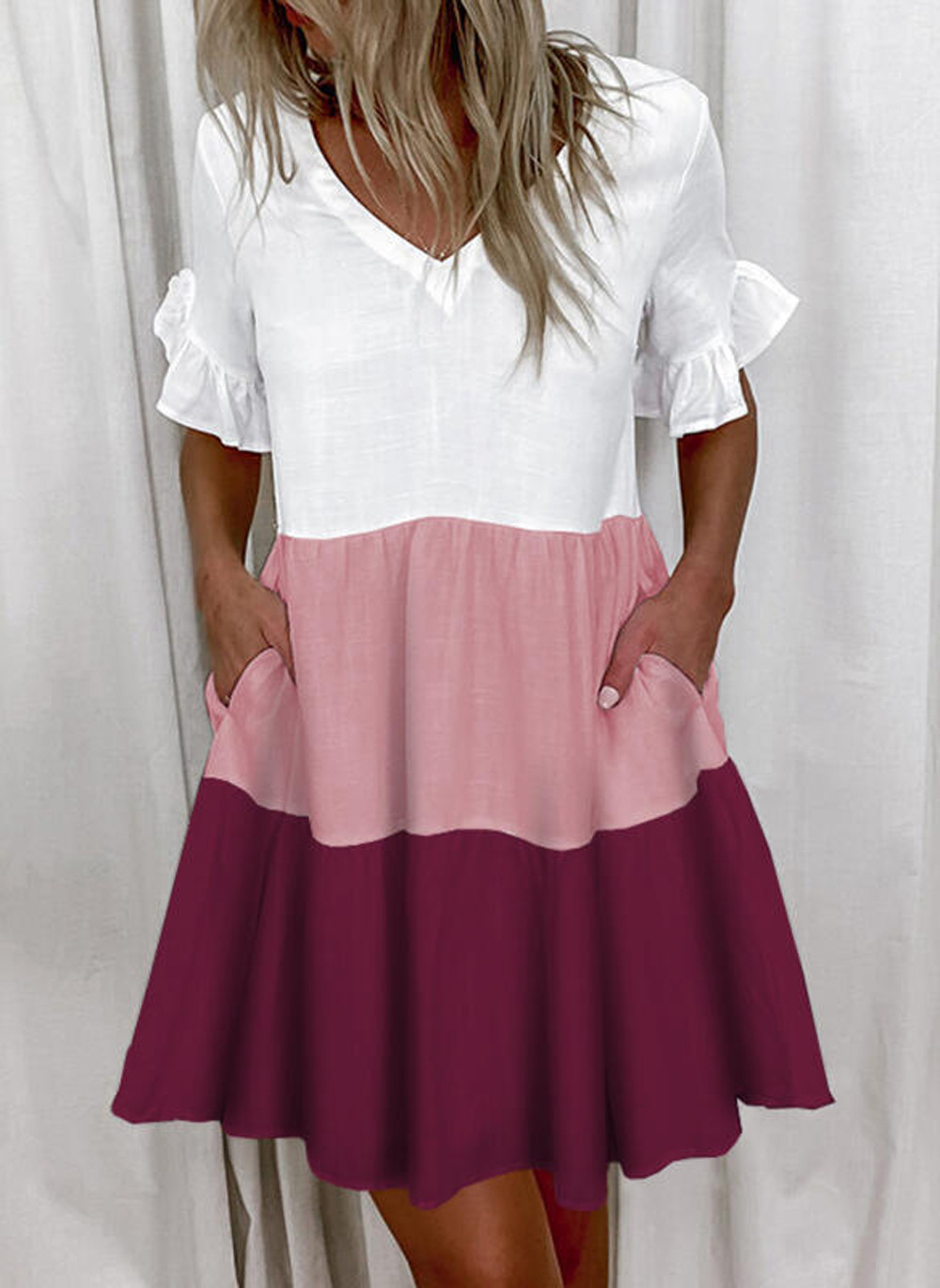 Women's Summer V-Neck Floral Ruffle Pocket Dress
