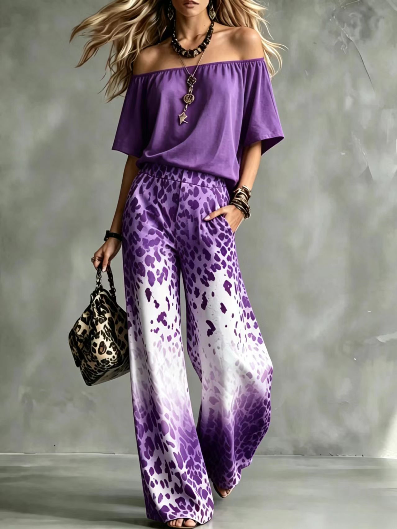 Leopard Gradient Off-Shoulder Top & Wide-Leg Pants Set