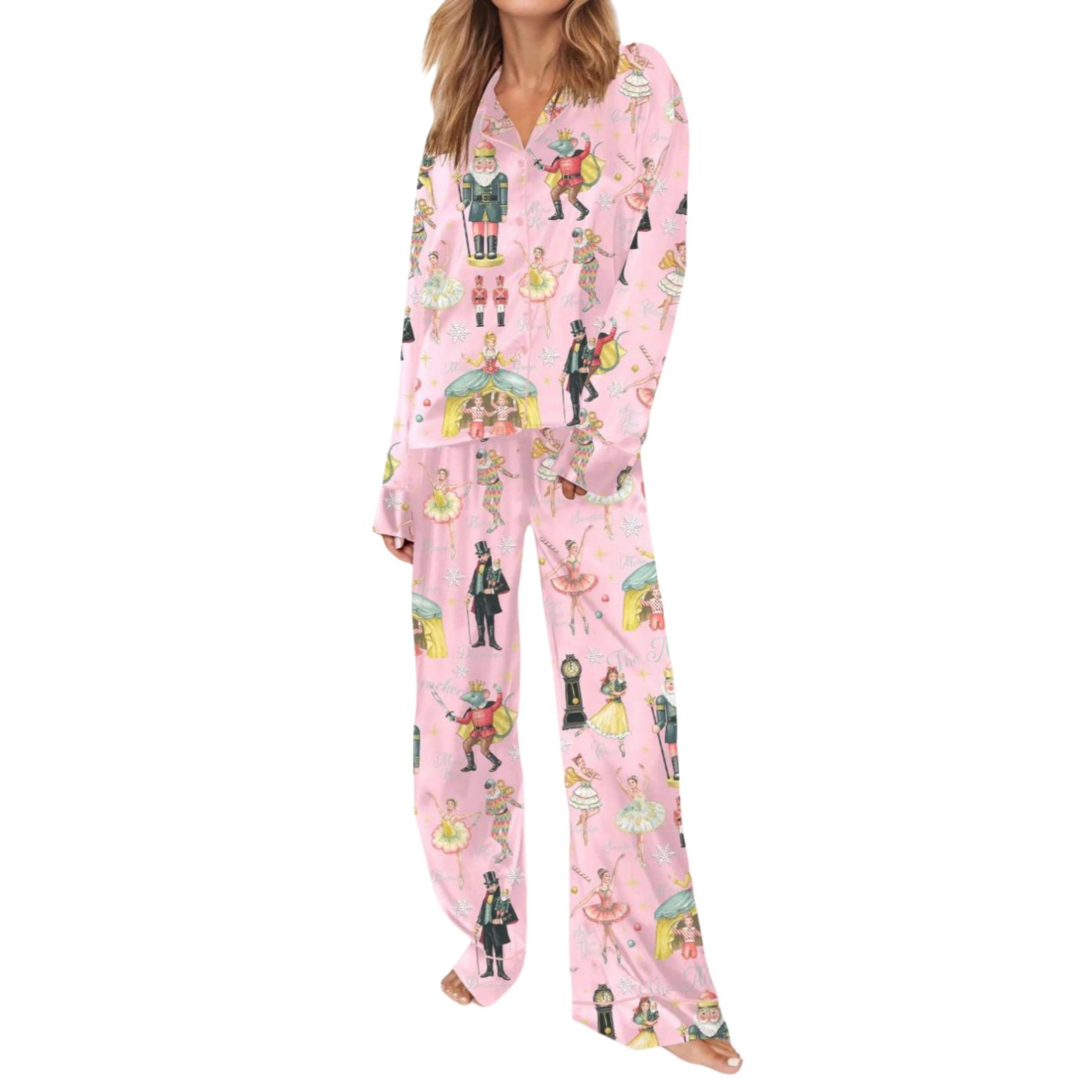 Christmas Tree Print Cuban Collar Long Sleeve Women's Set