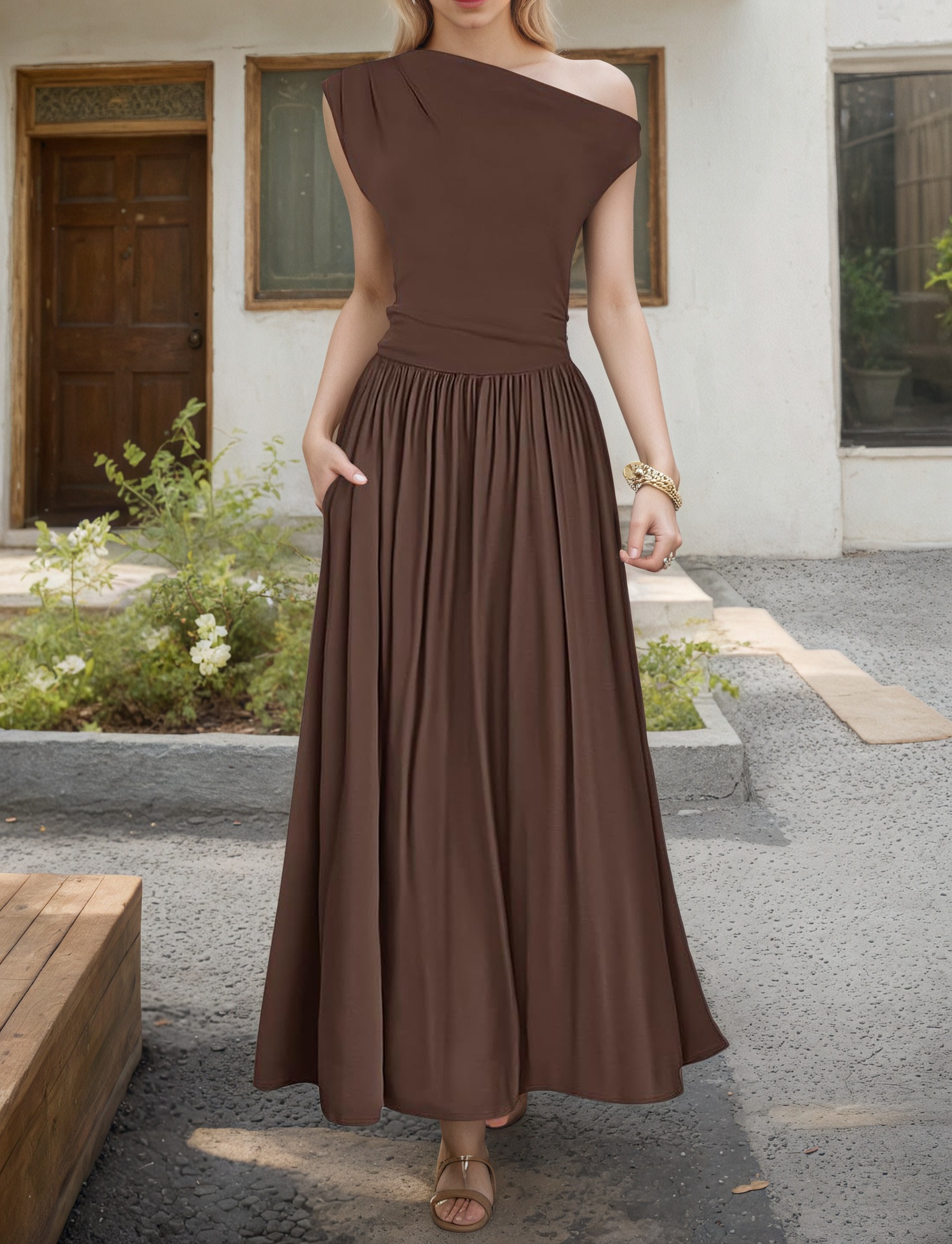 Women's One-Shoulder Pocket Dress Slim Sleeveless A-Line Midi