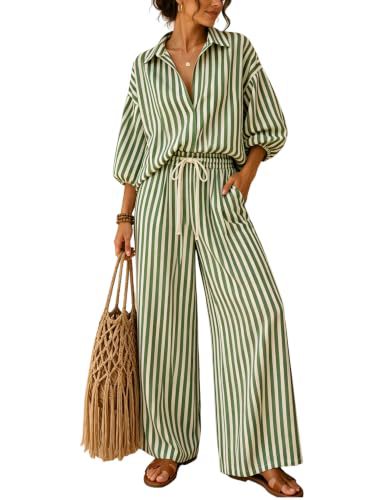 Striped Collared Lantern-Sleeve Shirt & Wide-Leg Pants Two-Piece Set