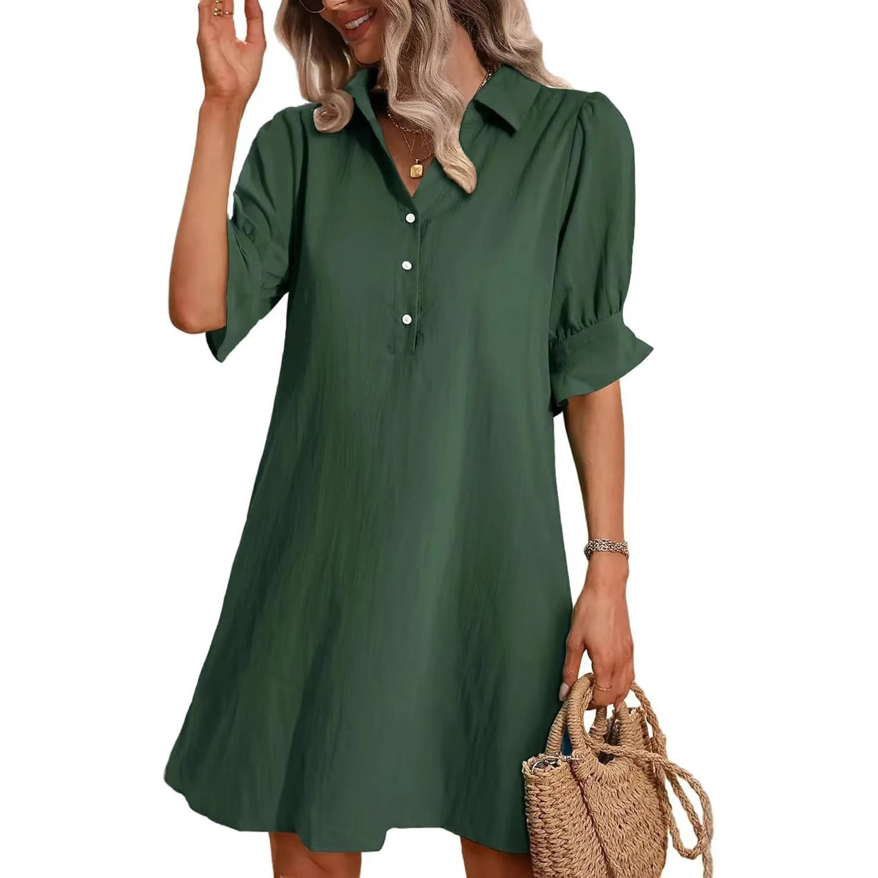 Women's Casual Loose Solid Color A-Line Dress with Collar and Buttons