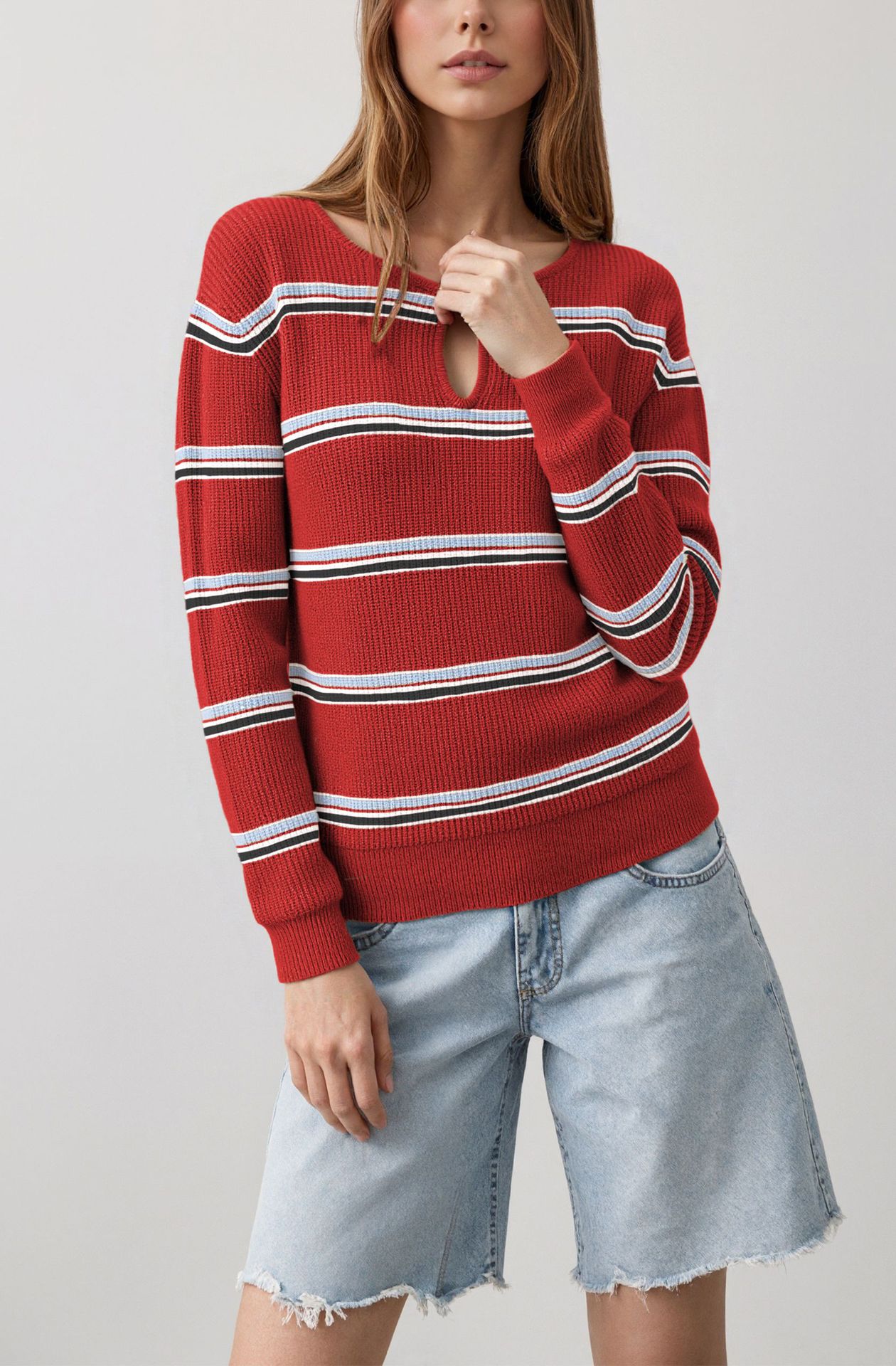 Women's Striped Crewneck Knit Sweater Slim Fit Long Sleeve Pullover