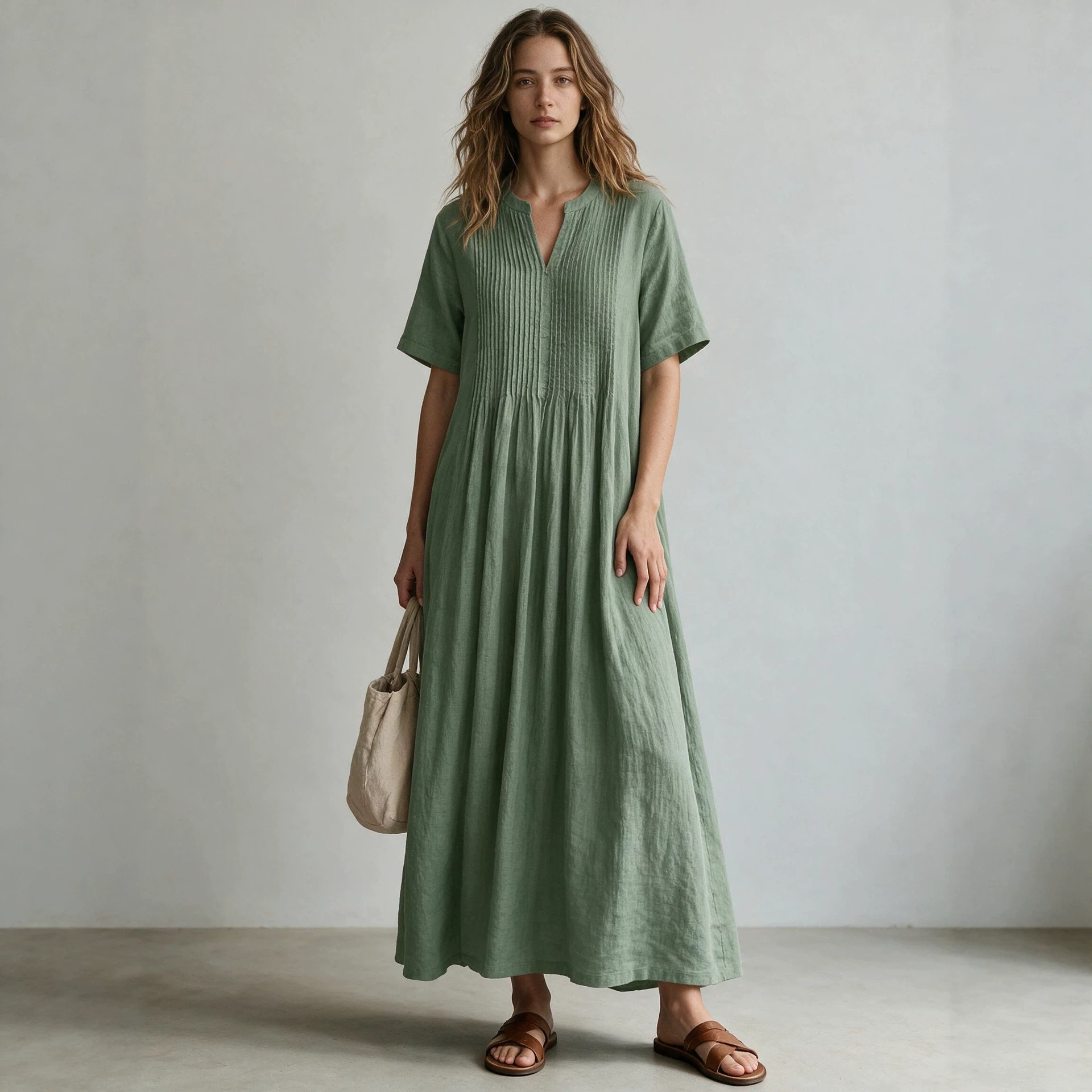 Women's V-Neck Short Sleeve Pleated Cotton Linen Midi Dress