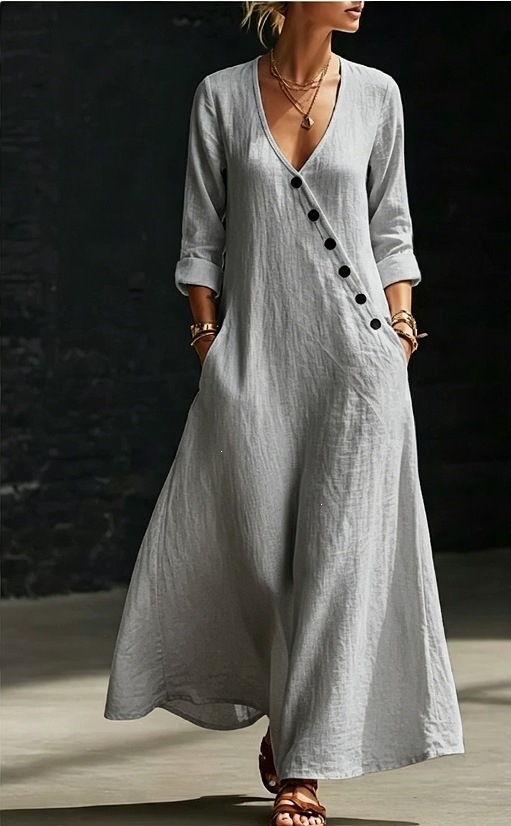 Asymmetric Button V-Neck Midi Dress with Rolled Cuffs and Side Pockets