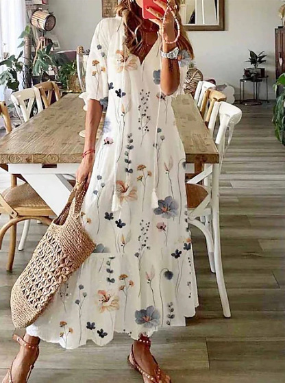 V-Neck Floral Print Midi Sleeve Long Dress with Tassels