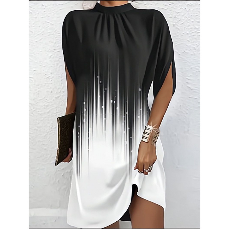 Floral Print Round Neck Loose Batwing Sleeve Dress