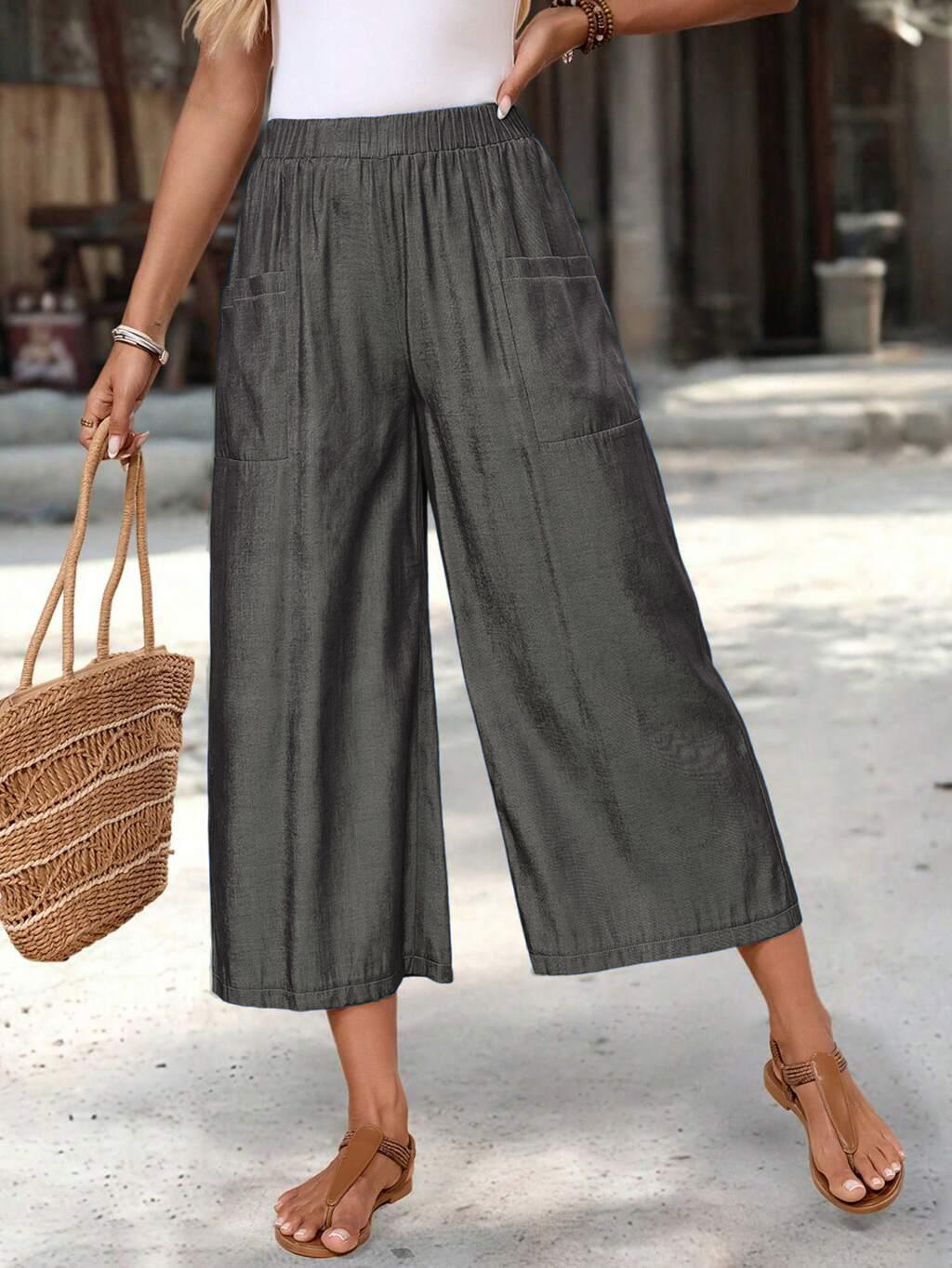 Women's Loose Wide-Leg Capri Pants with Pockets Casual