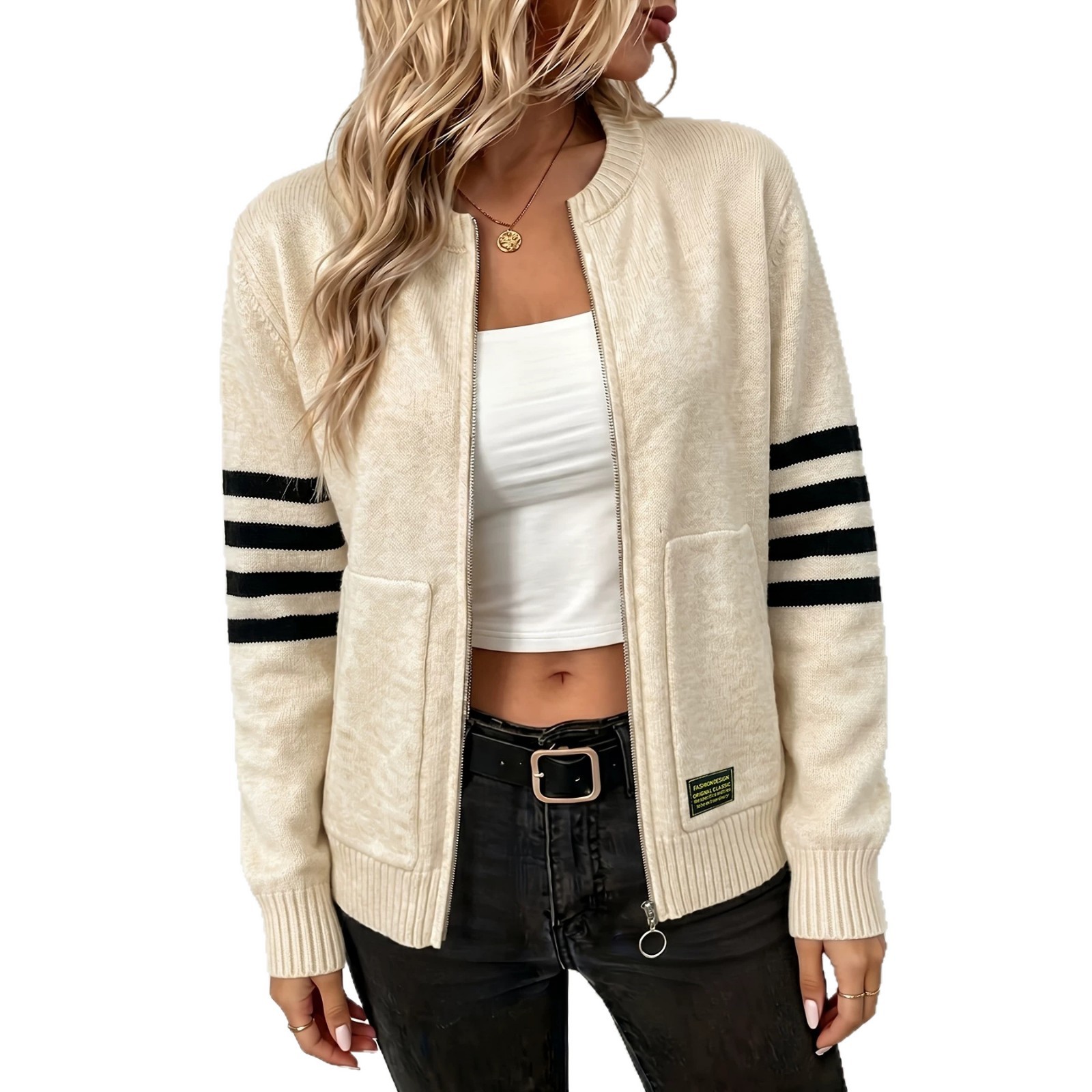 Women's Striped Zip-Up Knit Cardigan with Ring Pull