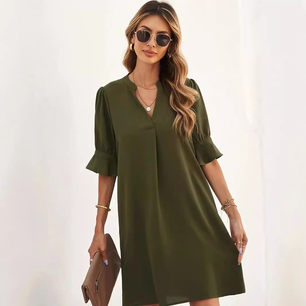 Women's Summer Chiffon Dress Loose Half-Sleeve Solid V-Neck Knee-Length