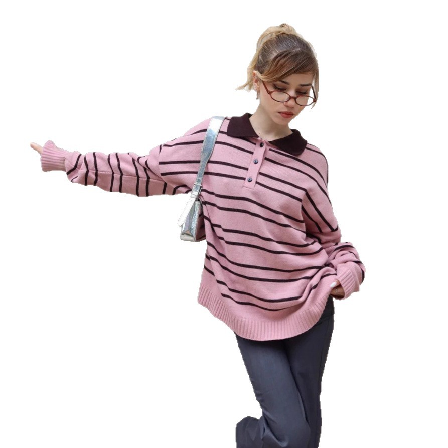 Striped Pullover Sweater with Collar, Loose Knit