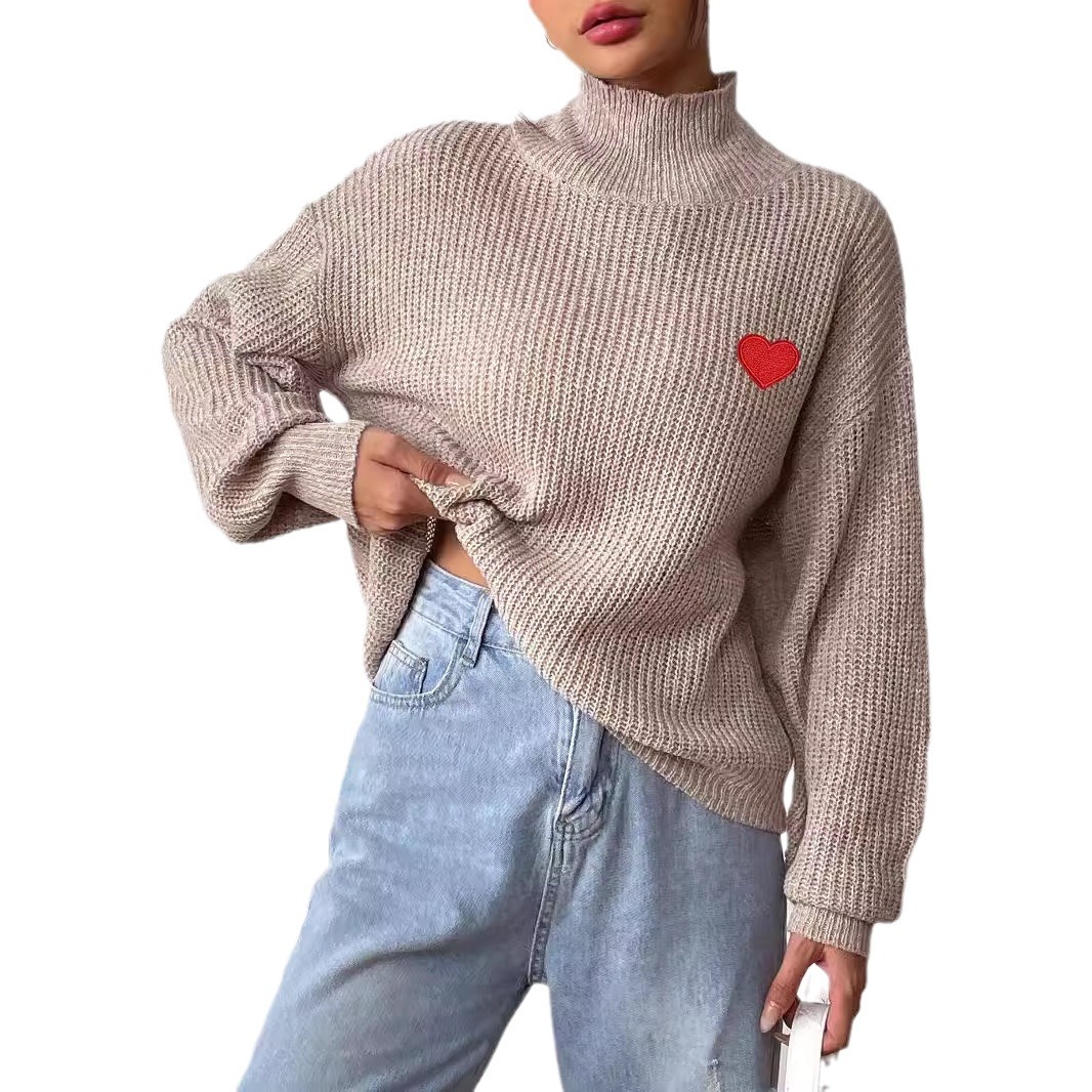 Heart Embroidered Mock Neck Pullover Sweater for Women