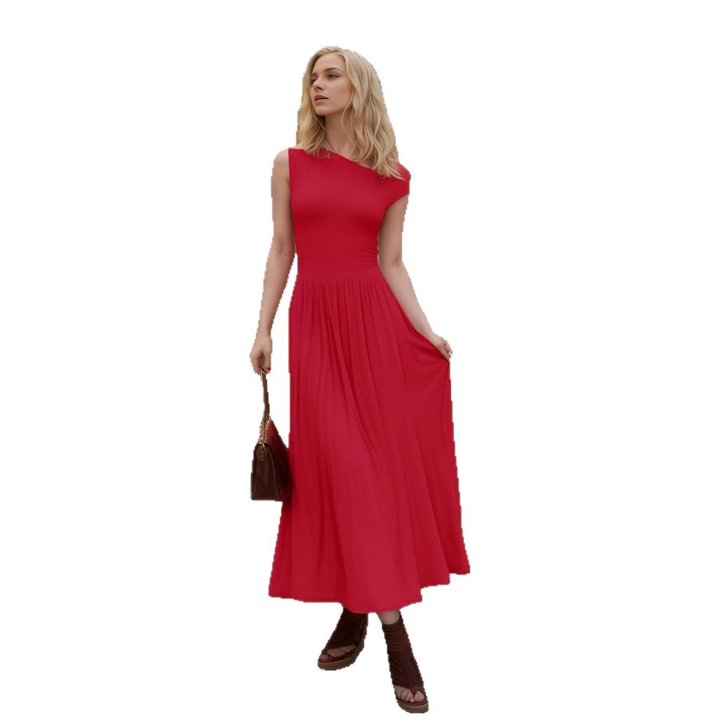 Women's One-Shoulder Pocket Dress Slim Sleeveless A-Line Midi