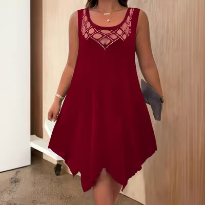 Women's Solid Color Hand-Sequin Cutout Sleeveless A-Line Midi Dress