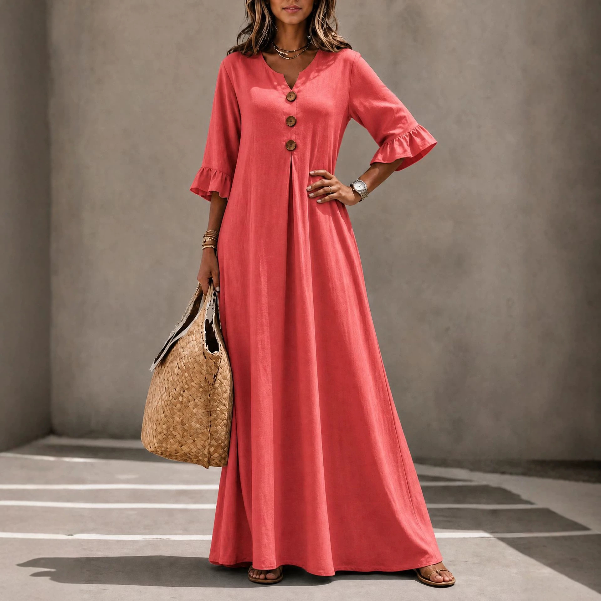Women's Solid V-Neck Wood Button Ruffle Sleeve Pocket Dress