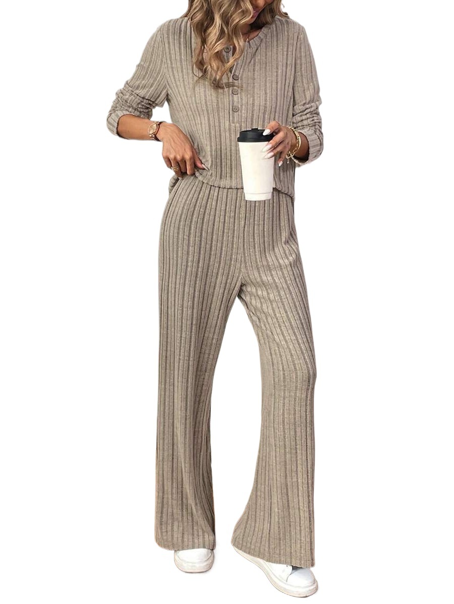 Women's Casual Straight-Leg Ribbed Knit Set with Buttons