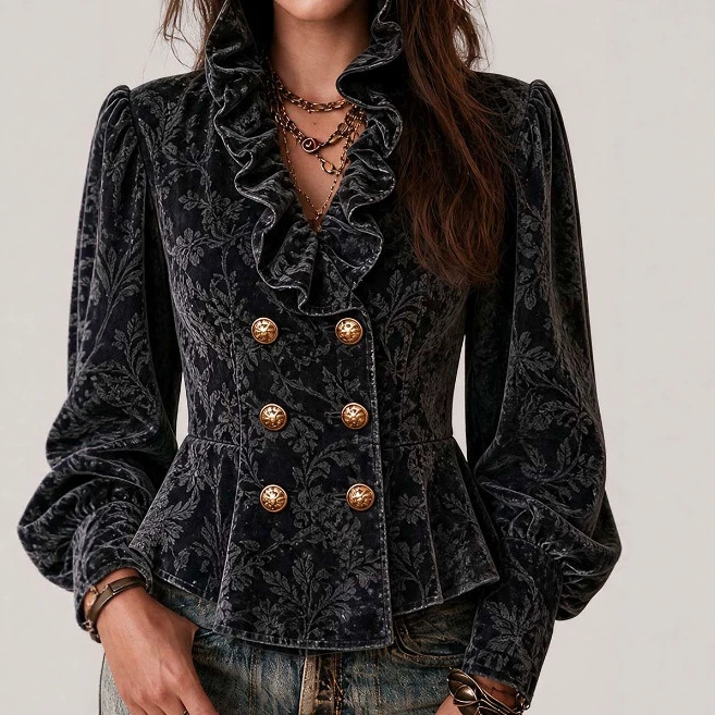 Boho Floral Jacquard Ruffle Blazer