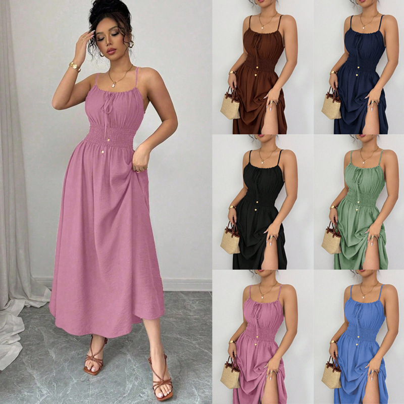 Women's Strapless Sleeveless Ruched Waist Solid Color Slip Dress