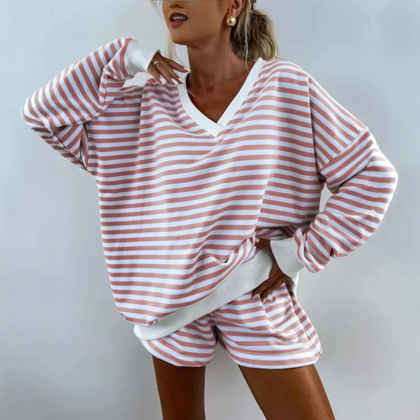 Women's Striped V-Neck Long Sleeve T-Shirt and Shorts Casual Set