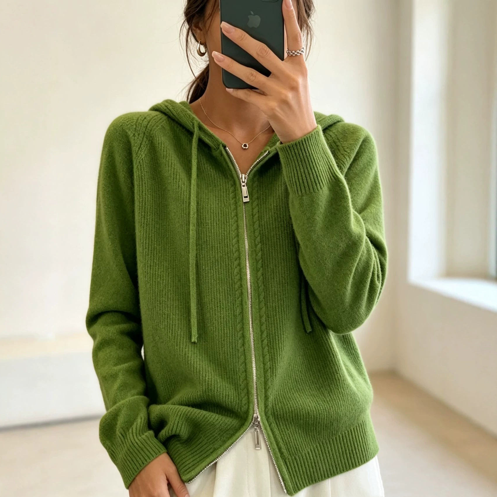 Women's Solid Hooded Faux Wool Cardigan Zip-Up Knit Sweater