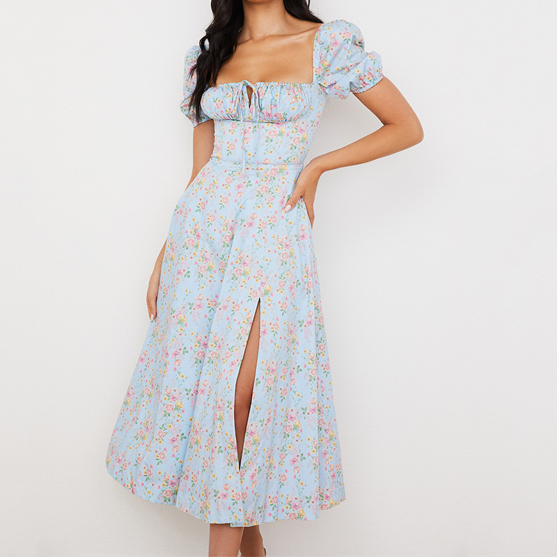 Women's Floral Print Midi Dress Square Neck Short Sleeve A-Line