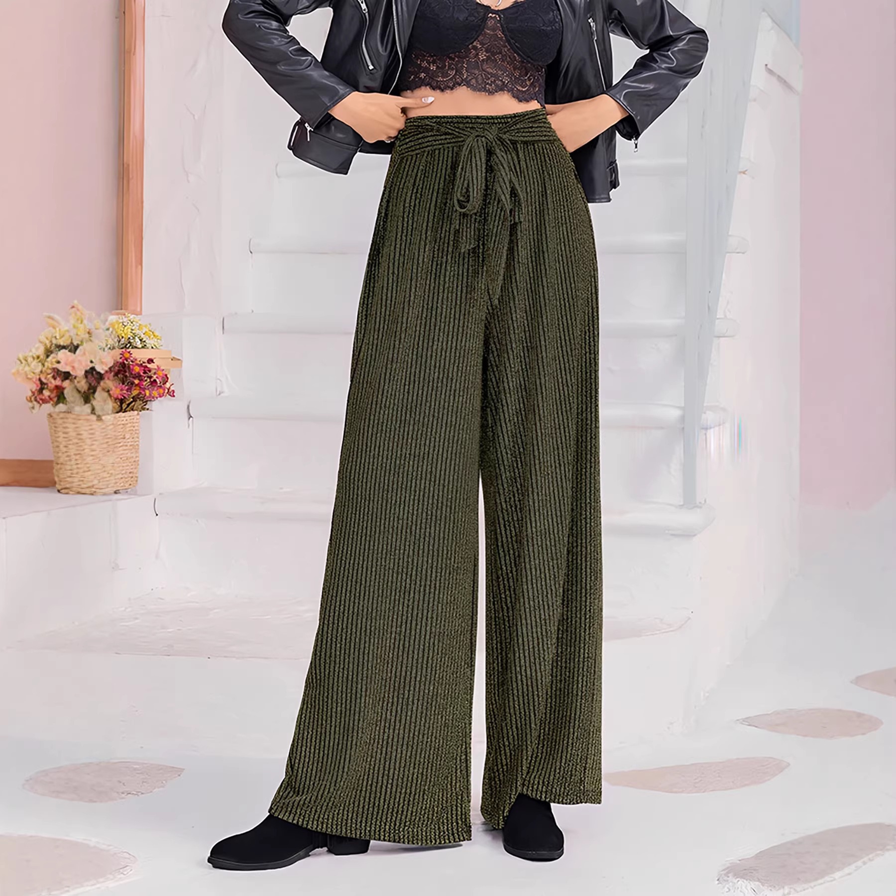 Bow High-Waist Wide-Leg Pants with Subtle Shimmer Vertical Texture