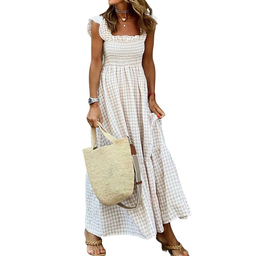 Square Neck Plaid Smocked Maxi Dress