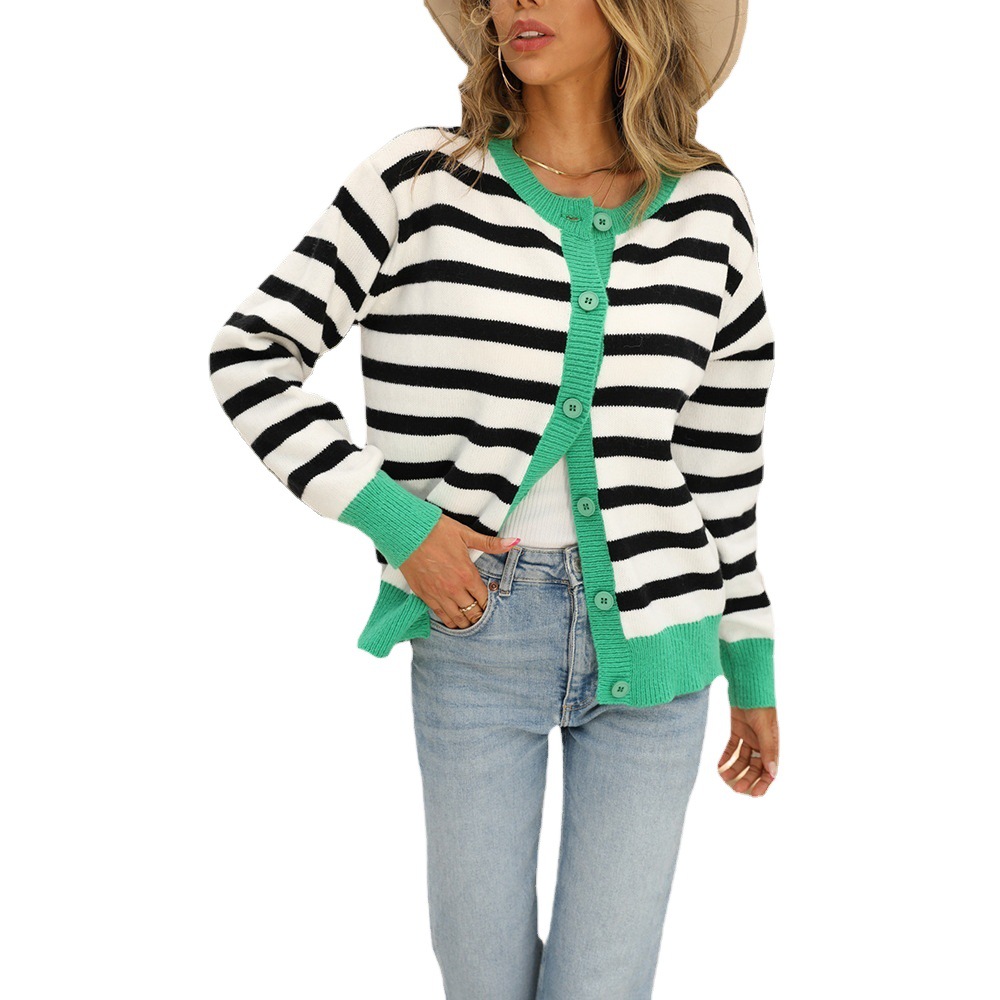 Women's Plus Size Striped Color Block Button Cardigan Knit Sweater