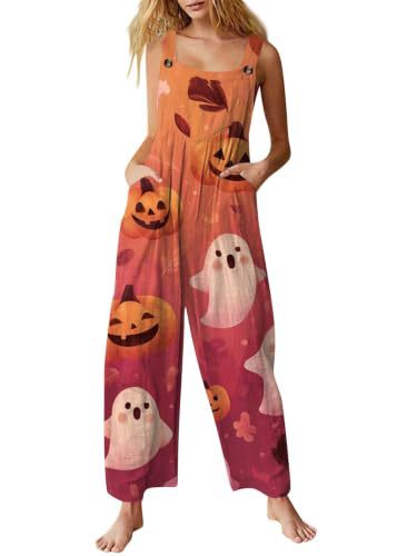 Women's Halloween Pumpkin Cat Print Sleeveless Jumpsuit Casual