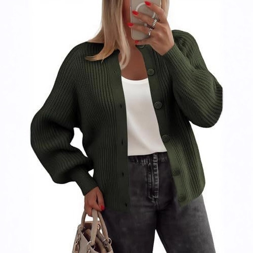 Women's Chunky Knit Button-Front Cardigan Sweater Long Sleeve Crew Neck