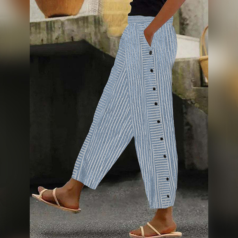 Women's Striped High-Waist Cropped Skinny Pants with Stretch